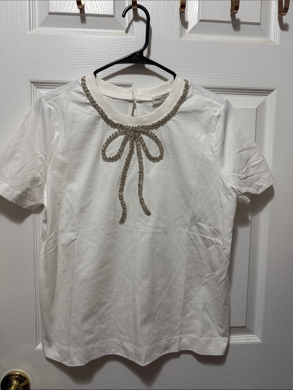 Embellished Bow Neck White Tee